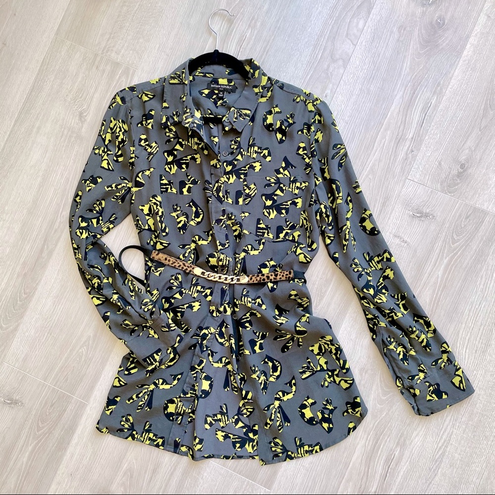 Silk Gray Yellow Pattern Button Down Long Shirt Br - image 1